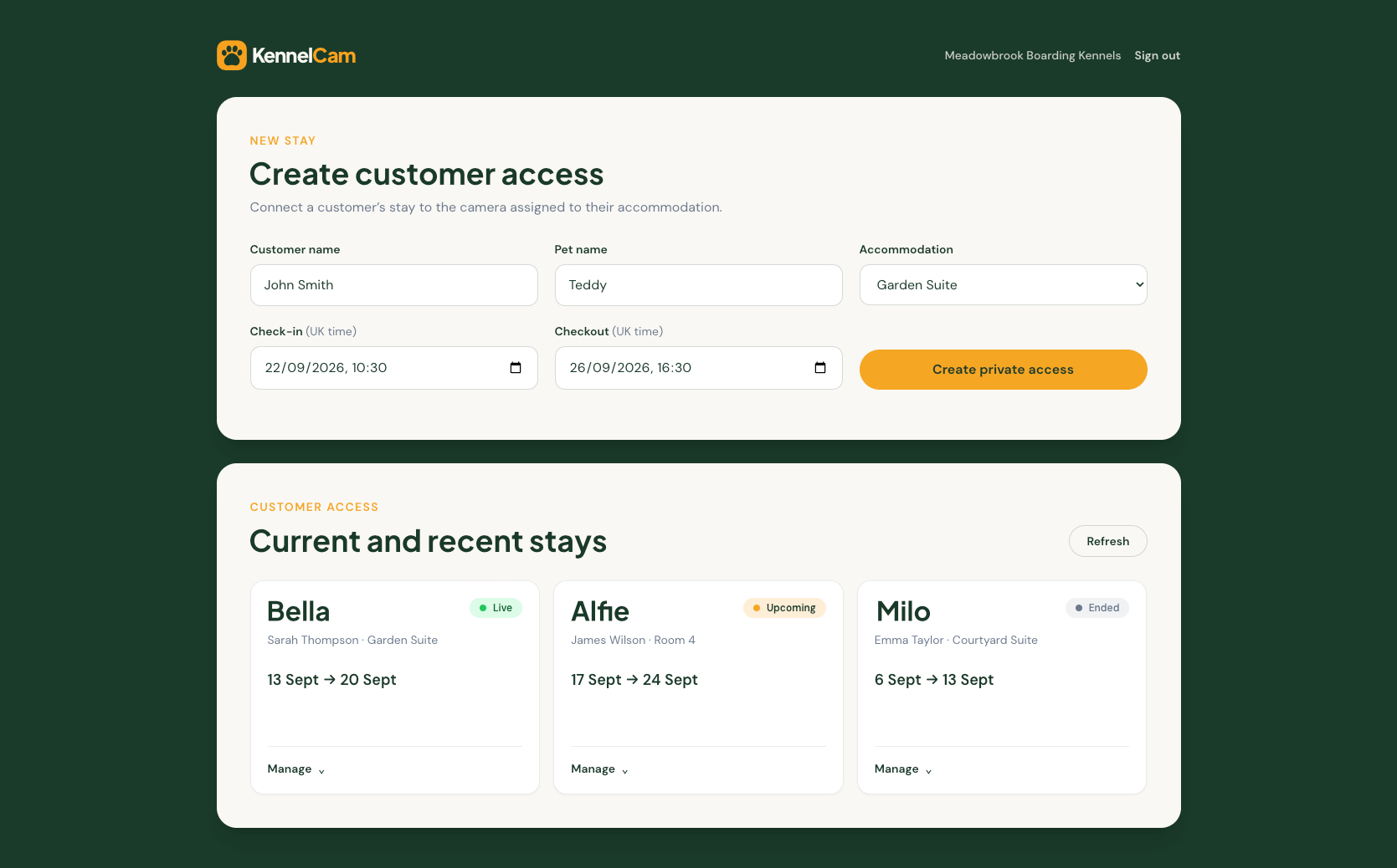 KennelCam customer access screen for Meadowbrook Boarding Kennels